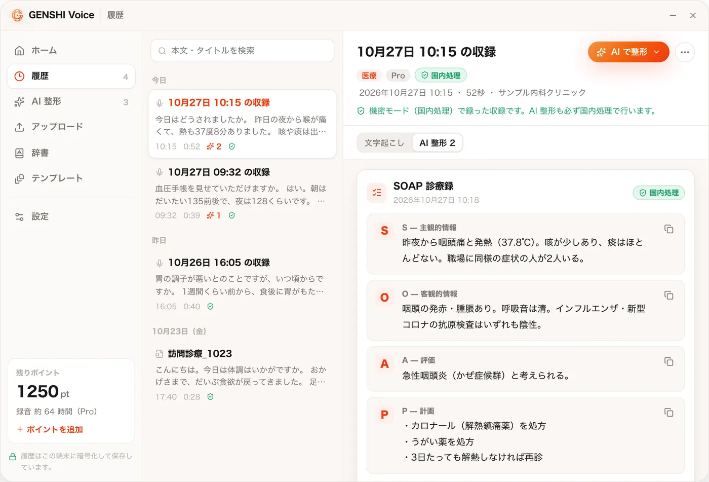 SOAP 診療録の結果。S、O、A、P に分かれている