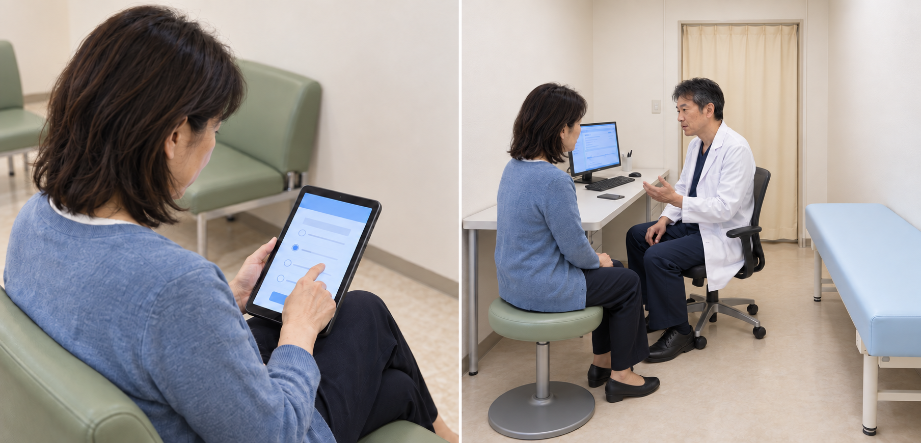 タブレットで問診に回答する患者と、診察室で会話する医師・患者の比較