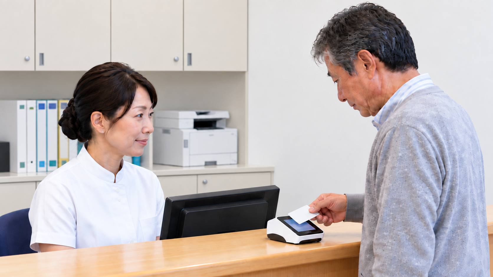 白い制服の受付スタッフとカードで会計する患者さん