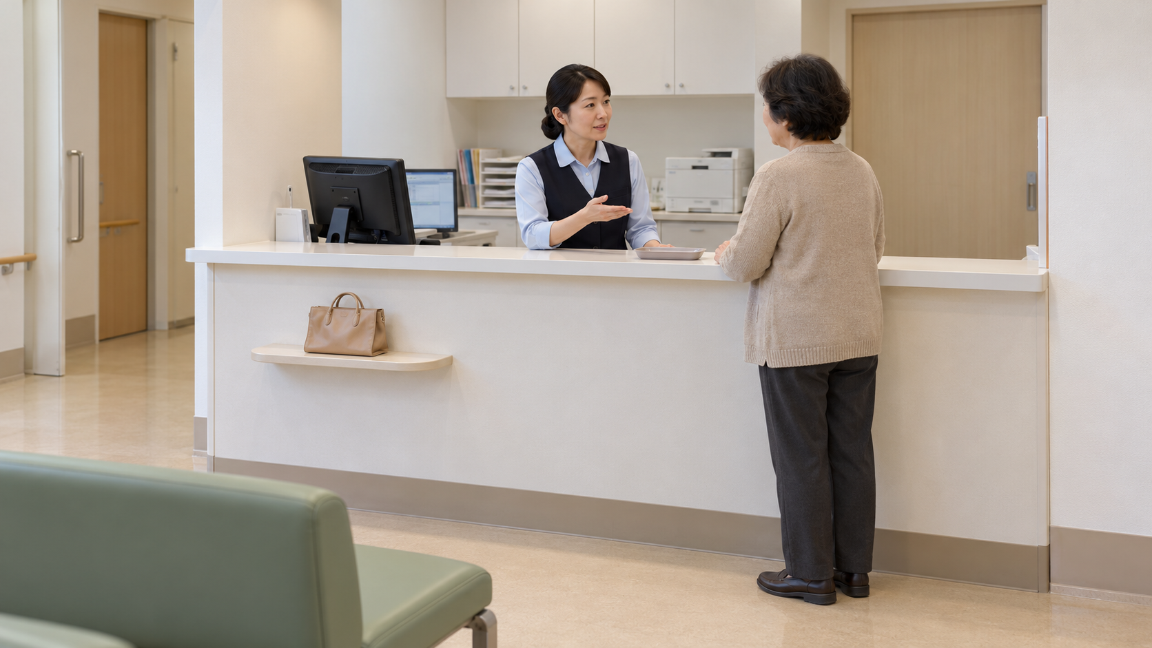 クリニックの受付カウンターで、スタッフが患者に案内する様子。手前に待合の椅子と荷物置きが見える。