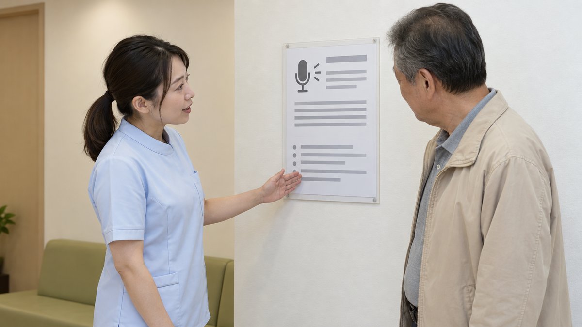 待合の院内掲示を使い、職員が患者へ録音について説明する