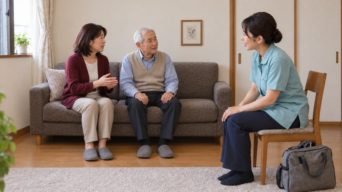 奥の壁に沿うソファに座る患者と家族の話を聞く訪問看護師