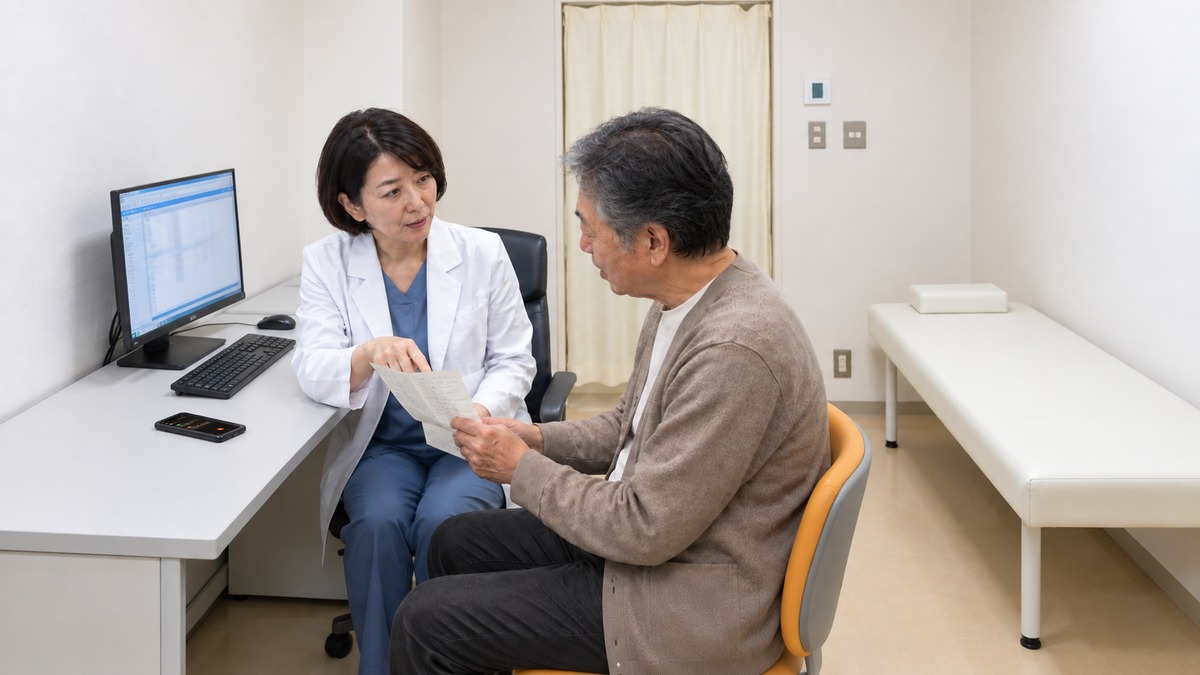 パソコンと診察ベッドのある内科診察室で服薬メモを確認する医師と患者
