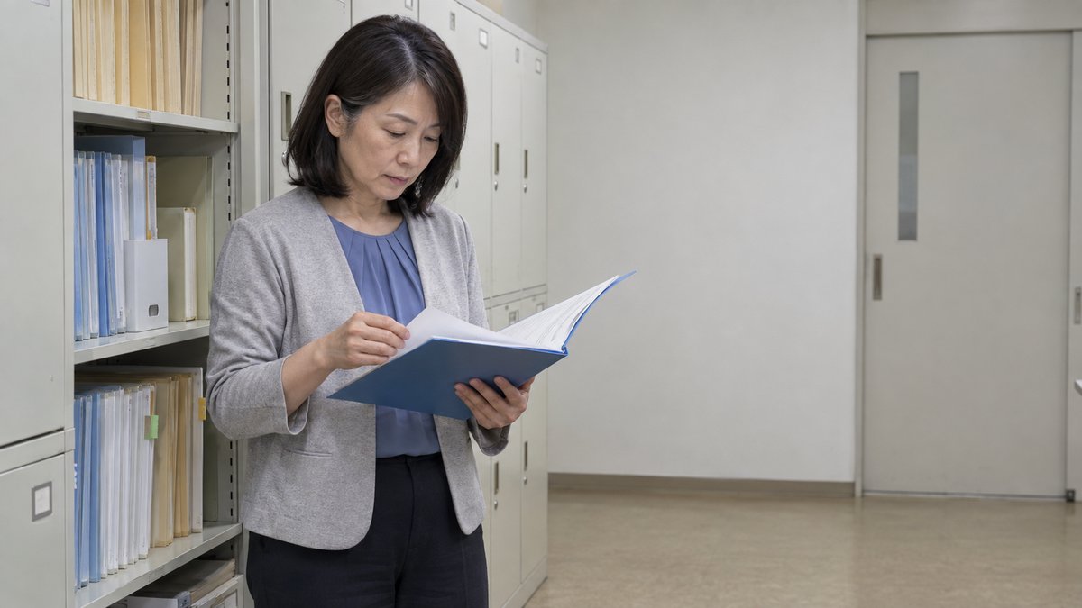 院内の事務担当者が、申請前に必要な資料を確認する