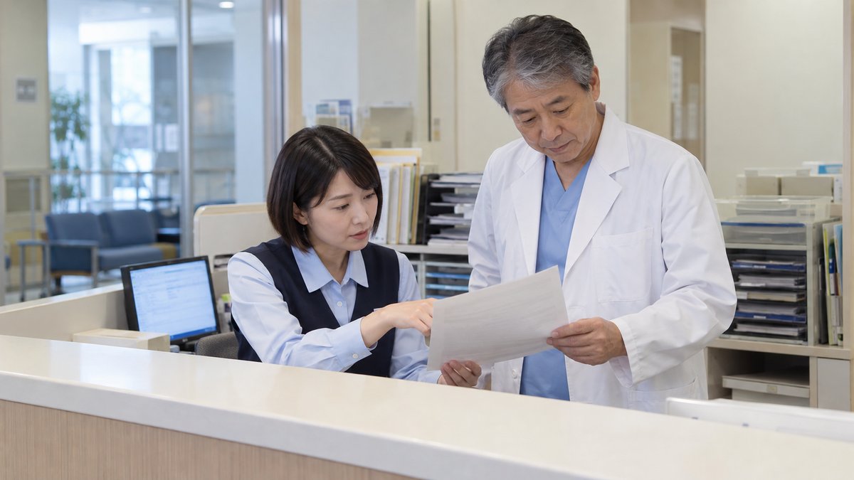 病院の受付の内側で、医師と事務スタッフが文書を確認する