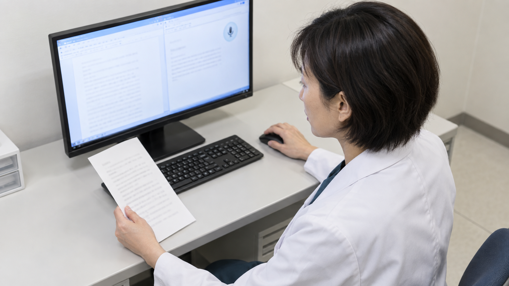 テスト文を読み上げ、パソコンの音声入力結果を確認する医師