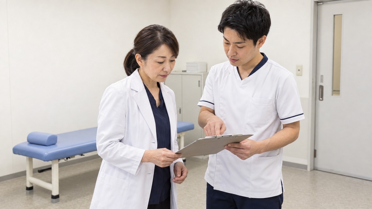 資料を見ながら患者の経過を共有する医師と理学療法士