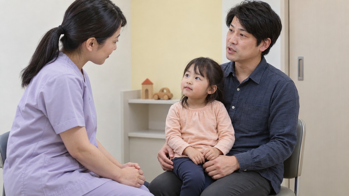 保護者の話を聞きながら子どもを診察する小児科医