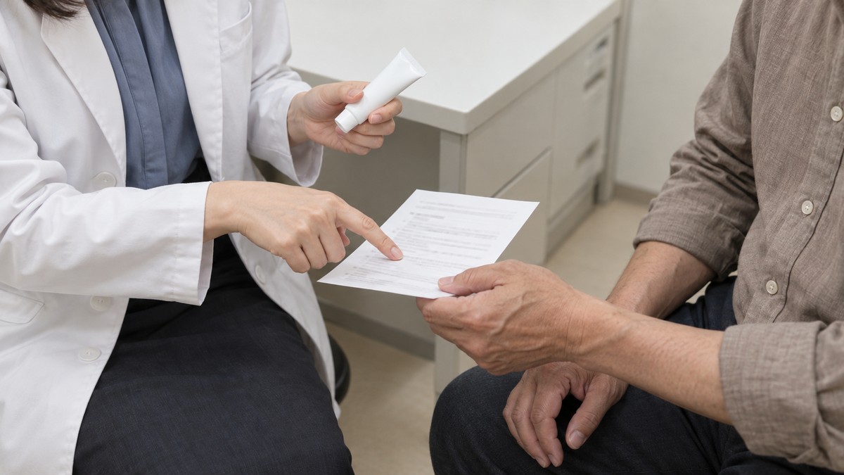 薬の使い方を説明メモとともに確認する医師と患者