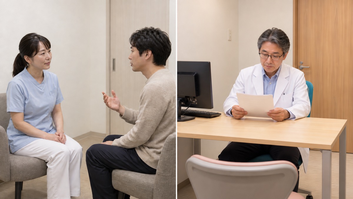 予診で患者の話を聞くスタッフと、診察室で記録を確認する医師