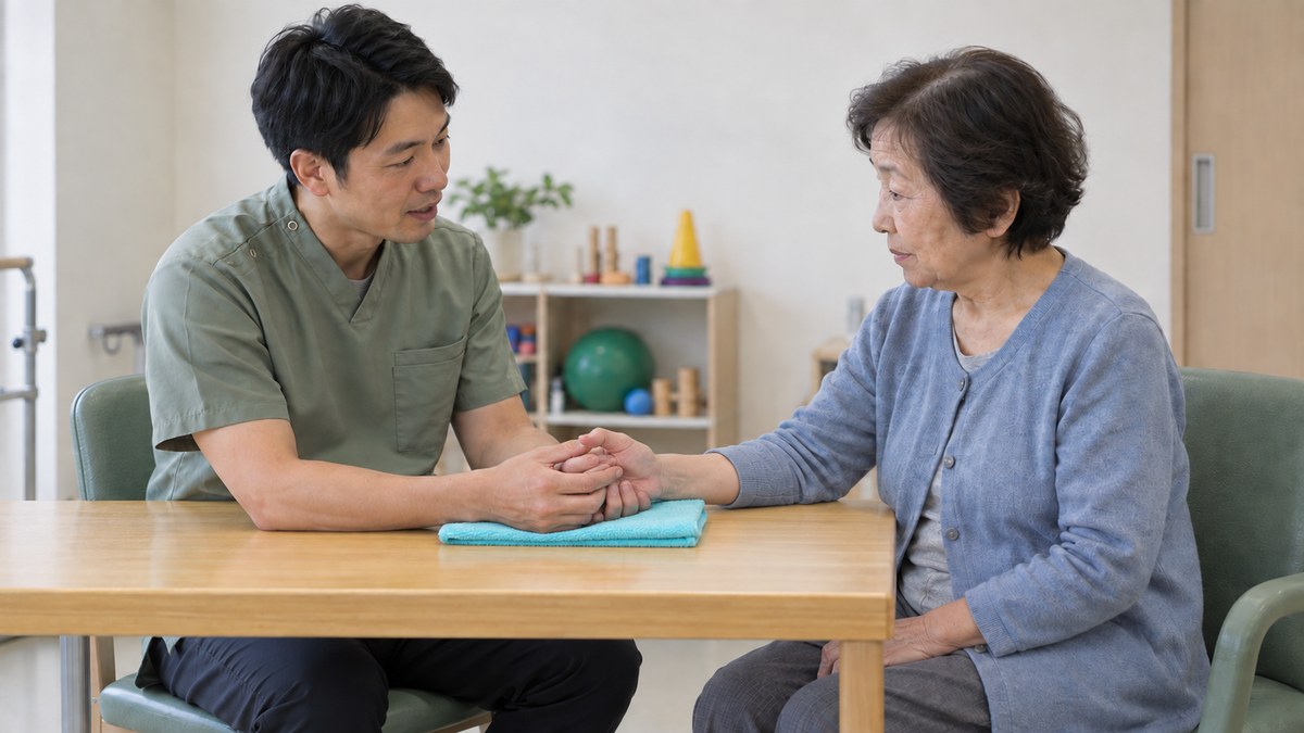 机上の水色のタオルの上で患者の手全体を両手で支える療法士
